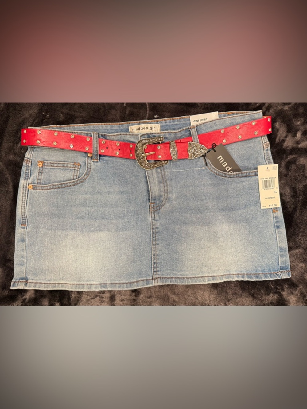 Madden Junior Girl Light Blue Denim Mini Skirt with Red Studded Belt